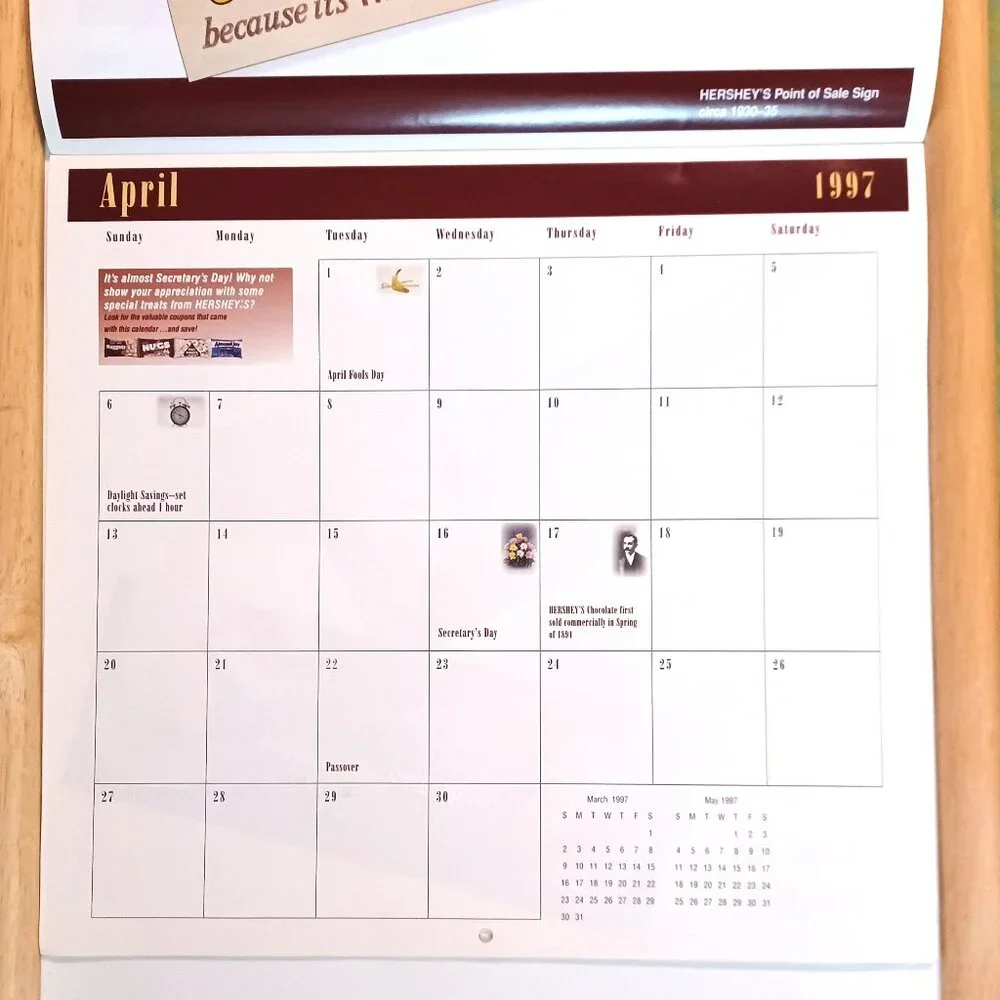 Vintage 1997 Hersheys Chocolate Calendar Days Same as 2025